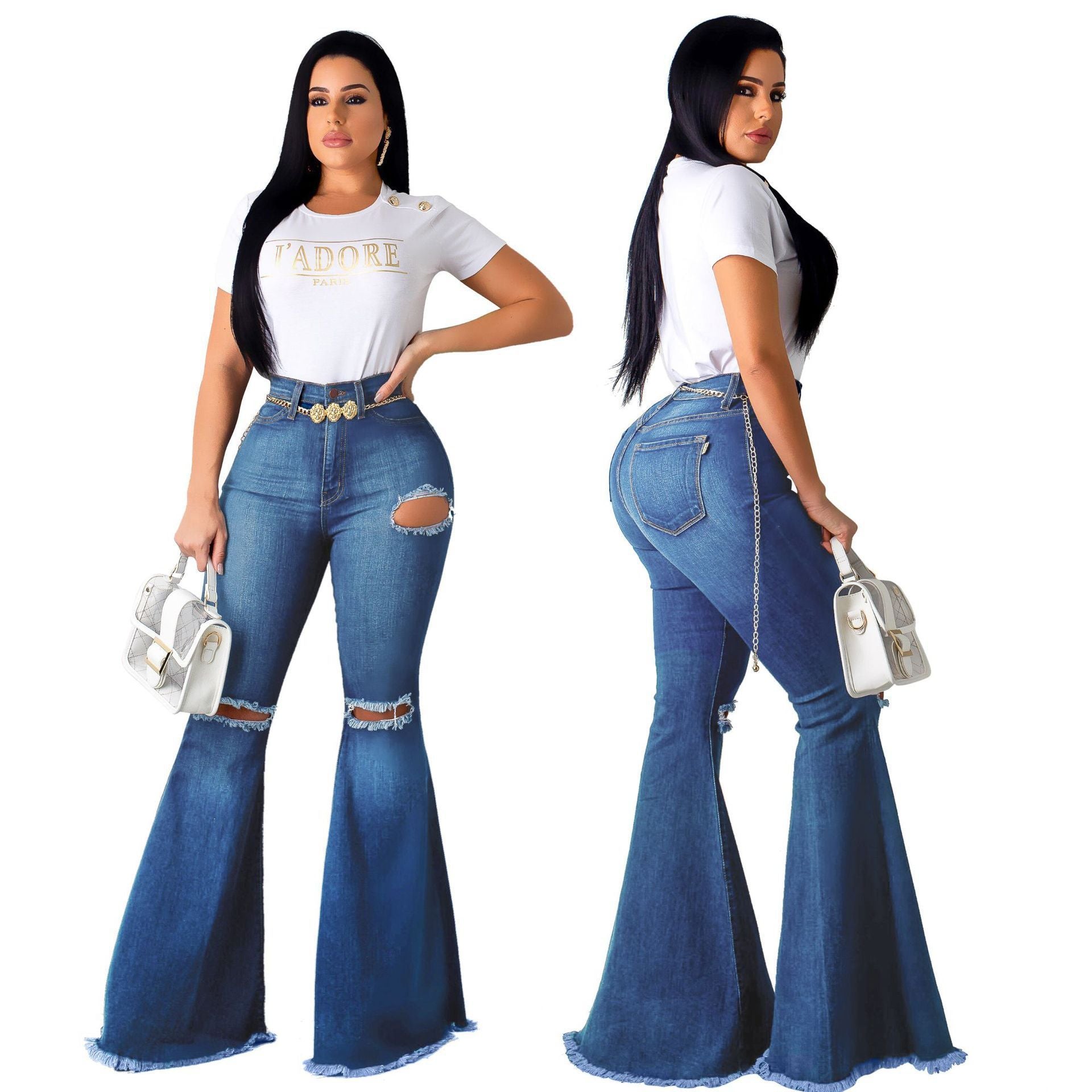 High - Waisted Retro Stretch Hip - Lifting Ripped Wide - Leg Flared Jeans - Its That Girls Boutique