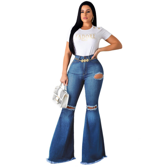 High - Waisted Retro Stretch Hip - Lifting Ripped Wide - Leg Flared Jeans - Its That Girls Boutique