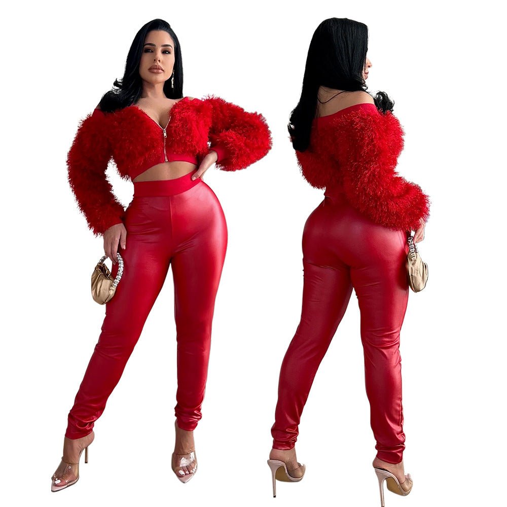 Long Sleeve Furry Cropped Top Jacket With Spandex Pants (Two - piece Set ) - Its That Girls Boutique