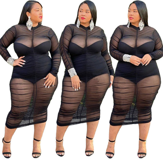 Long Sleeve Mesh Bodycon Dress (Up to 5XL) - Its That Girls Boutique