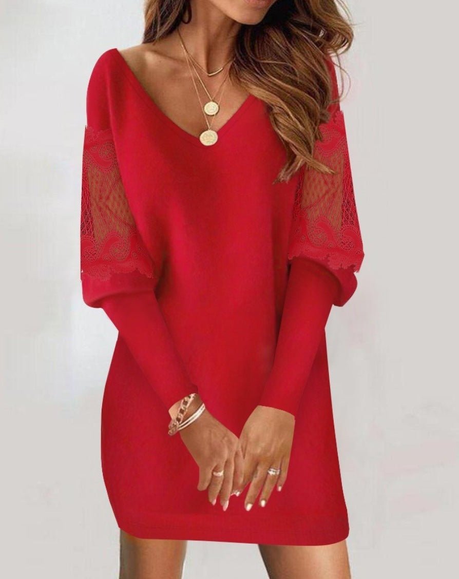 Long - sleeved V - neck Dress Spring And Autumn New Style Lace Splicing Dress For Womens Clothing - Its That Girls Boutique